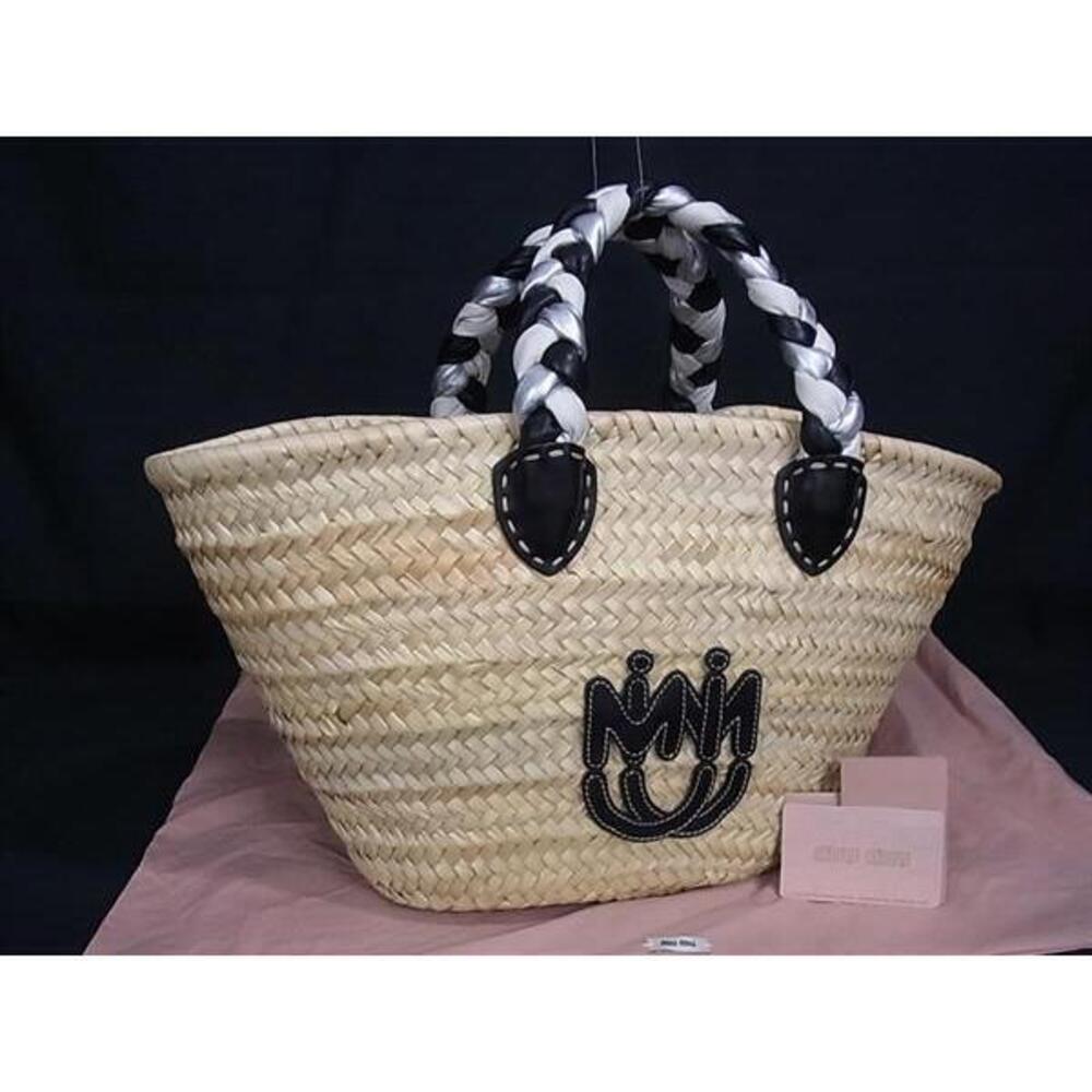 Miu MIu Straw Tan Leather Basket Bag Tote Handbag Beige